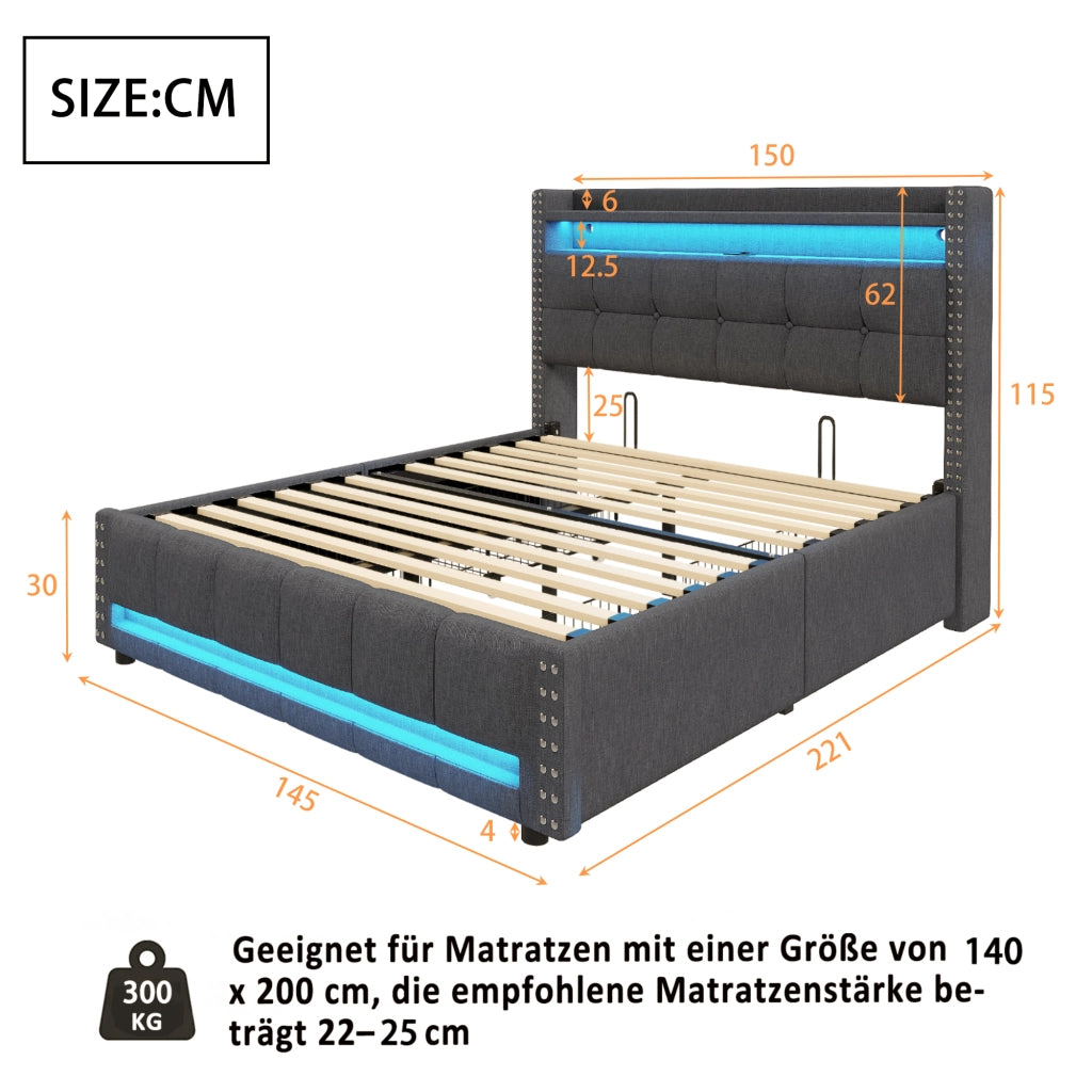 OKWISH Letto con Cassetti 140×200 cm, Letto Matrimoniale con LED Regolabile, USB, Testiera con Mensole e 4 Cassetti, senza Materasso, Grigio
