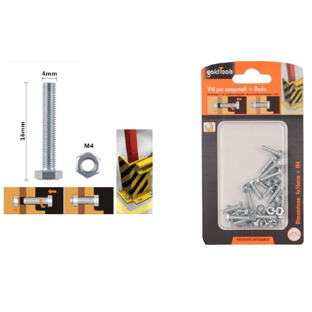 Trade Shop - Set 17 Pz Vite Viti Per Esterno A Testa Esagonali 4x16mm Con Dadi Dado M4 90904 -