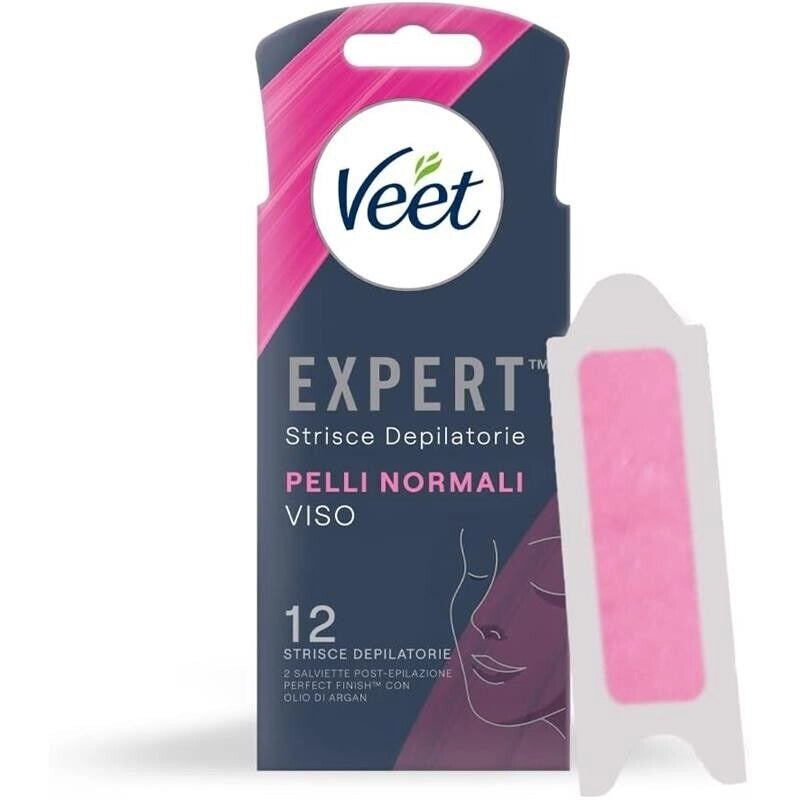 VEET STRICE DEPILATORIE VISO PER PELLI NORMALI CON BURRO DI KARITÈ 12 STRISCE (6X2 STRISCE) + 2 SALVIETTE POST-EPILAZIONE