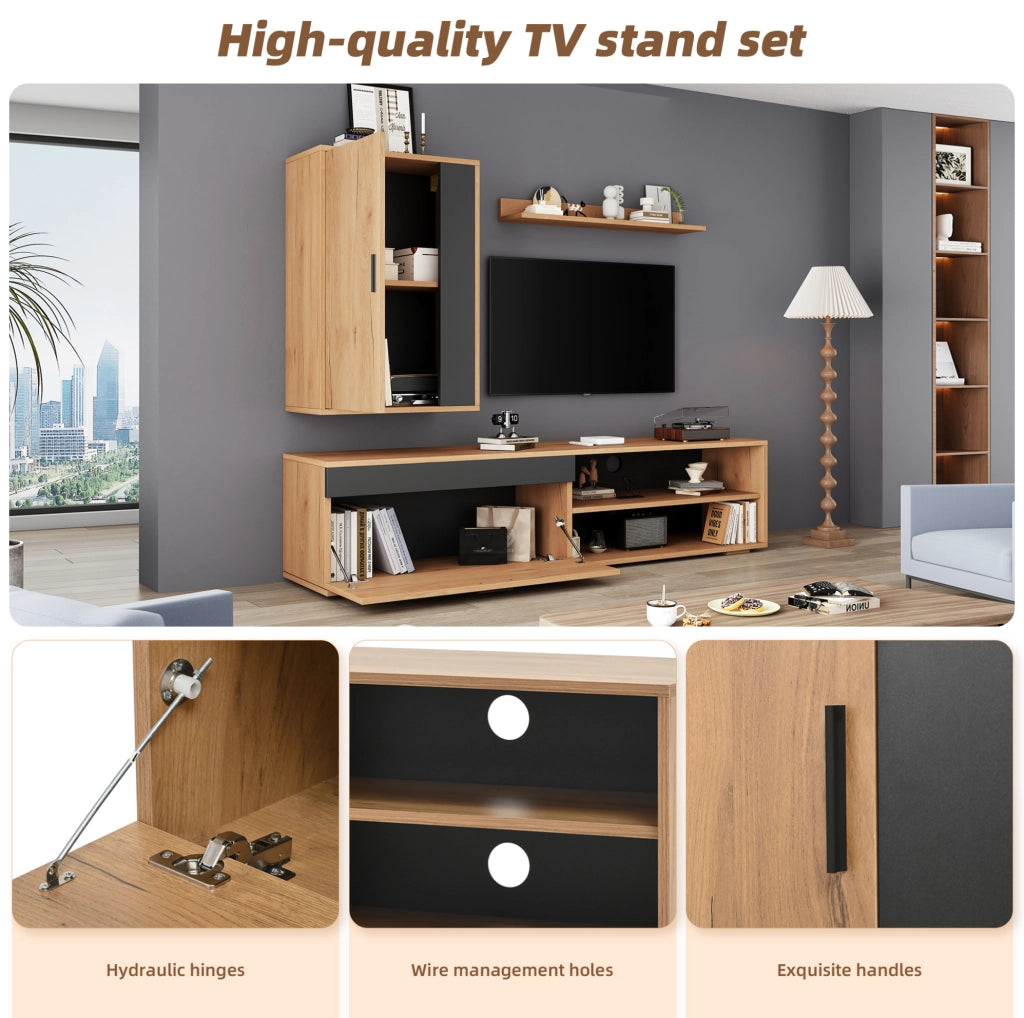 Set mobile TV da parete 3 pezzi 140 cm in truciolare effetto legno e nero
