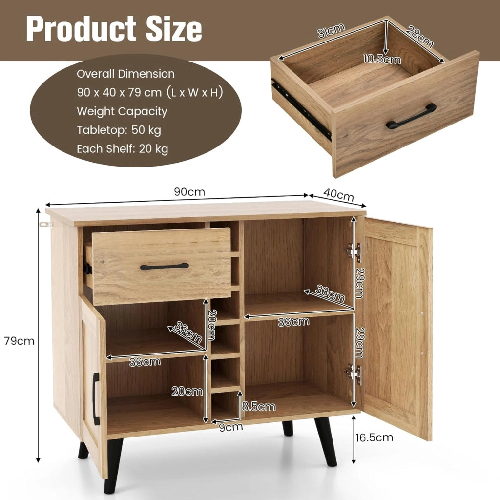 Credenza Cucina Industriale, Cantinetta Vino Legno con 6 Bottiglie di Vino, 2 Scomparti con Anta e Dispositivo Antiribaltamento, Mobile a Buffet, Bar, Naturale, 90 x 40 x 79 cm