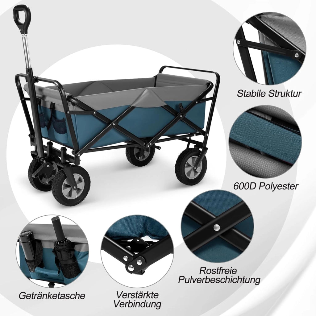 Carrello da Giardino Pieghevole, con Maniglia Regolabile, Carrello da Spiaggia Portatile con Tasche Laterali per Spesa, Picnic, Adatto a Vari Suoli, Portata 80 kg, Blu+Grigio