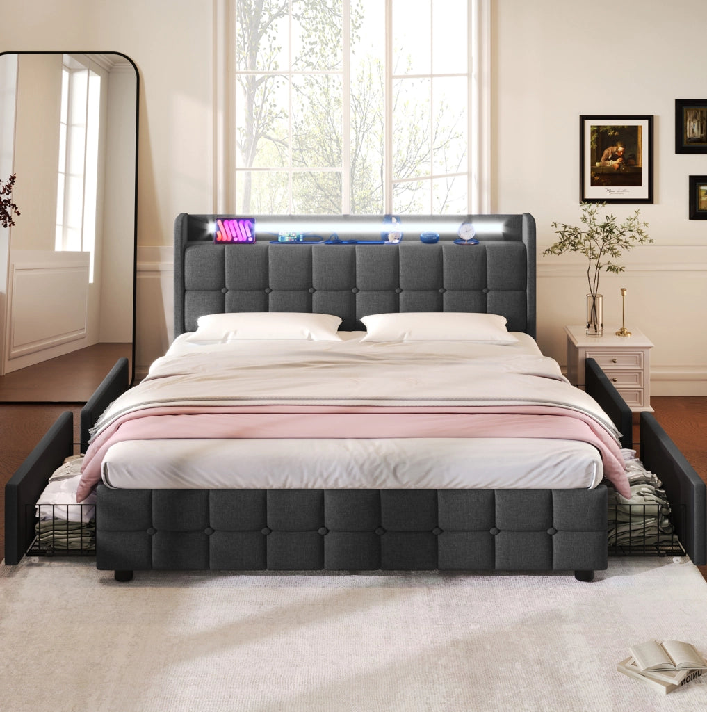 Letto imbottito 140x200 cm grigio con LED, prese USB e 4 cassetti