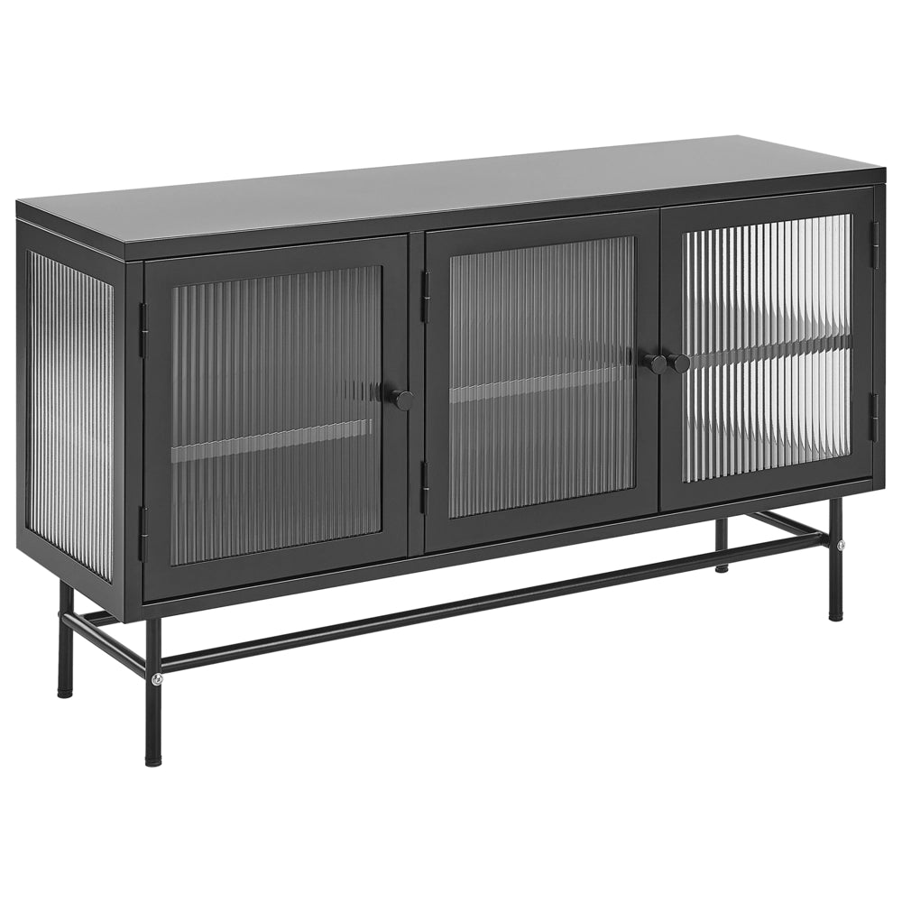 Credenza a 3 ante in metallo nero e vetro con ripiani 115 x 35