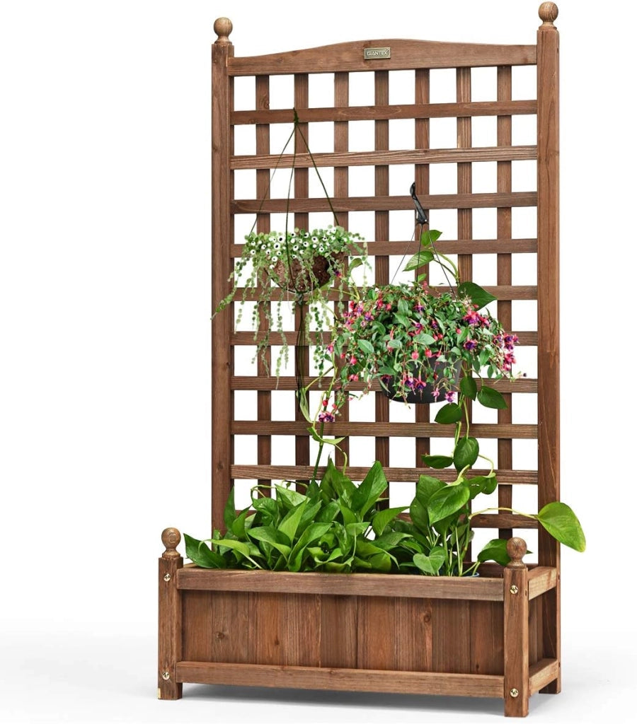 Fioriera da Esterno in Legno Massiccio con Traliccio, Letto Rialzato con Grigliato per Piante Rampicanti e Fiori, Fioriera Resistente alle Intemperie per Giardino, Patio e Cortile