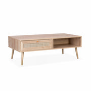 Tavolino scandinavo in vimini, 1 cassetto, marrone naturale