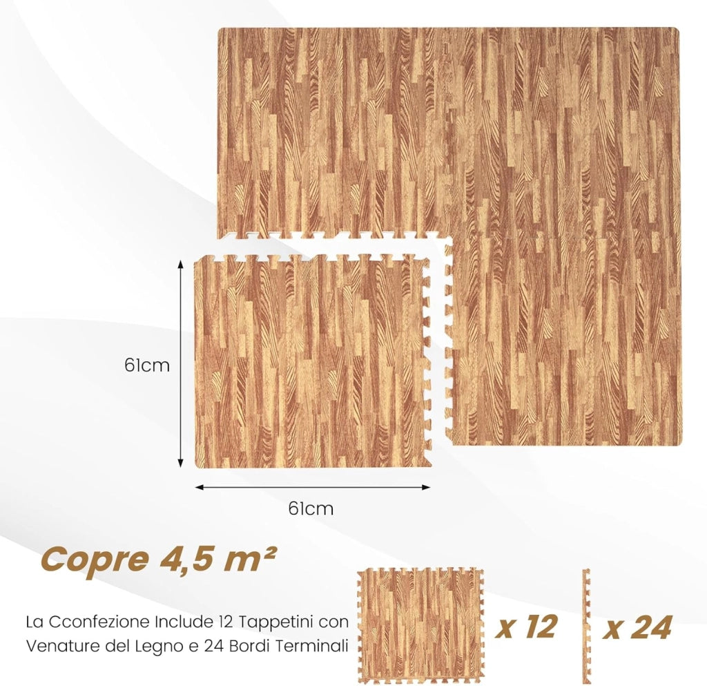 12 Pezzi Tappeto Puzzle Effetto Legno, Tappetini a Incastro in Schiuma EVA con Bordi Perimetrali, Tappeto Protettivo Spesso per Palestra Casa Stanza Giochi, 61x61 cm, 4,5 M²