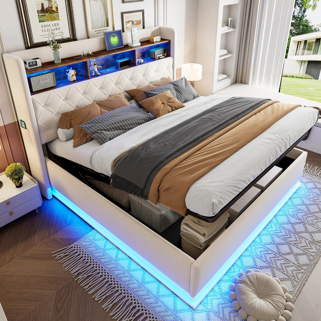 Letto matrimoniale imbottito 180x200 cm con LED; USB e contenitore idraulico; beige