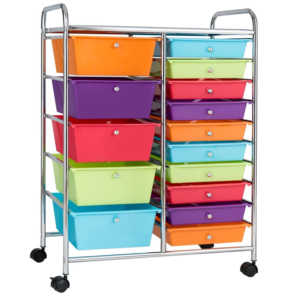 Carrello portaoggetti su ruote 62,5 x 37 x 87 cm con 15 cassetti multicolori pratico ed elegante in acciaio cromato 20_0014468