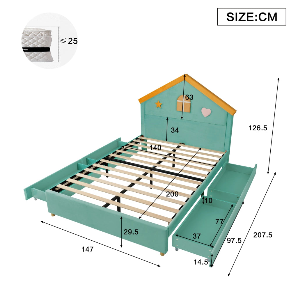 Letto per bambini a casetta 140x200 cm con 4 cassetti; imbottito in velluto blu-verde