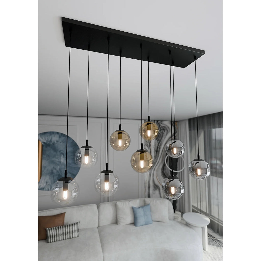 Sospensione Moderna 9 Luci Kali In Acciaio Nero E Sfere In Vetro Multicolor
