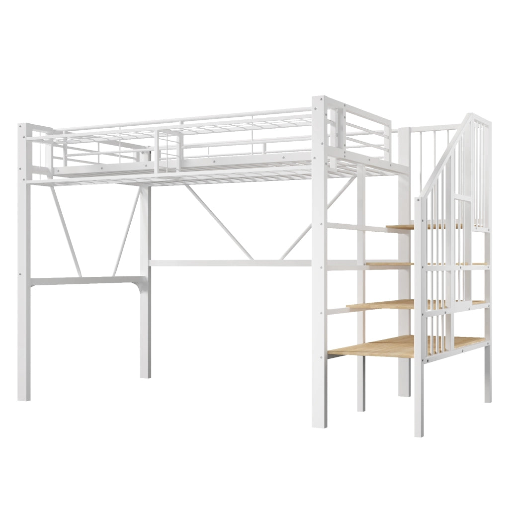 Letto a soppalco 90 x 200 cm, struttura in metallo, ripiano, luce a LED, bianco