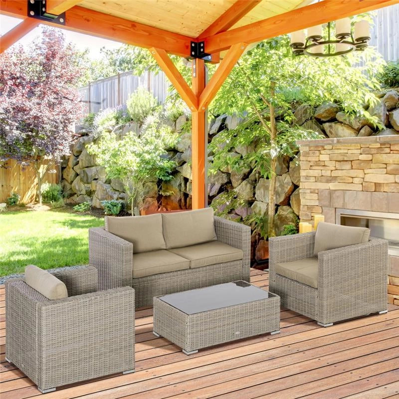 SET MOBILI DA GIARDINO 4 PEZZI IN RATTAN PE 1 DIVANO, 2 POLTRONE, 1 TAVOLINO E CUSCINI RIMOVIBILI E LAVABILI, KAKI E BEIGE