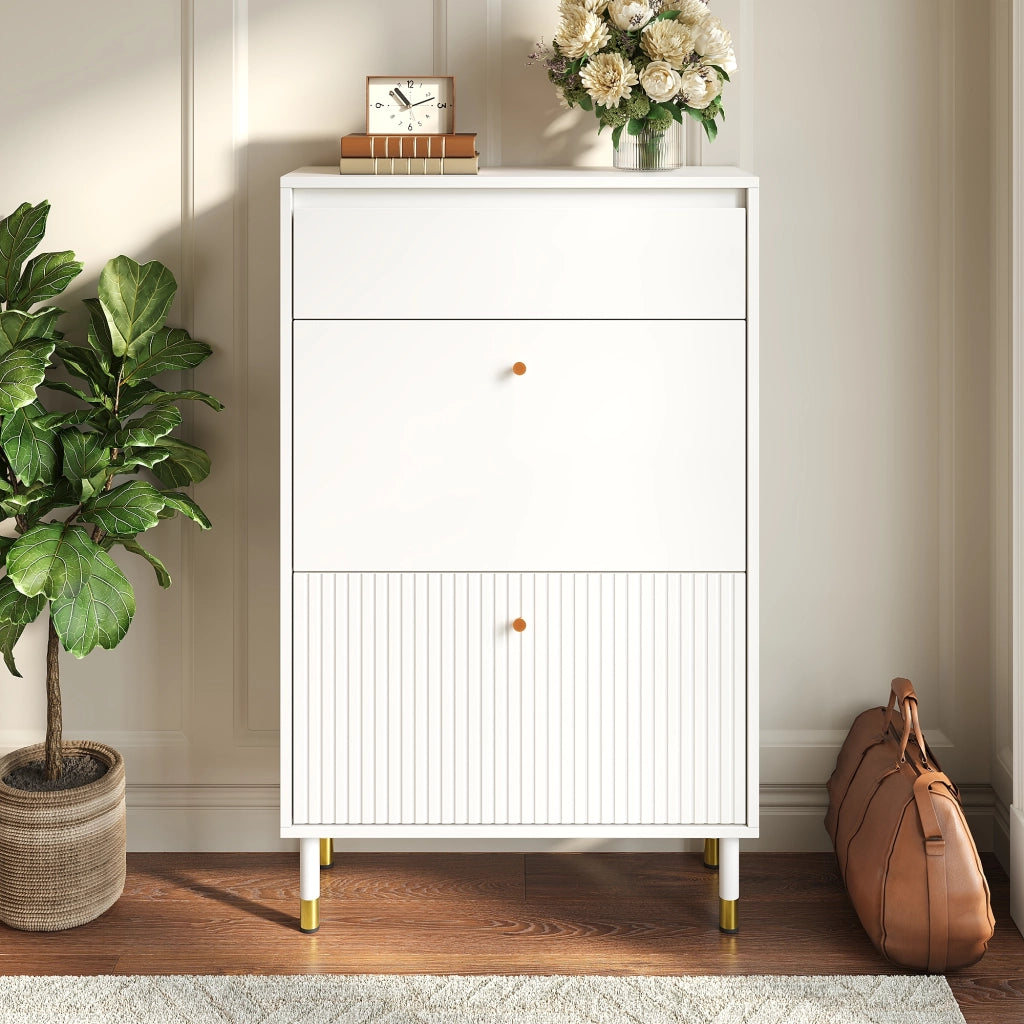 Scarpiera stretta con 1 cassetto e 2 vani ribaltabili, 4 piedi metallici, per ingresso, bianco, 65 × 24 × 104 cm