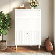 Scarpiera stretta con 1 cassetto e 2 vani ribaltabili, 4 piedi metallici, per ingresso, bianco, 65 × 24 × 104 cm
