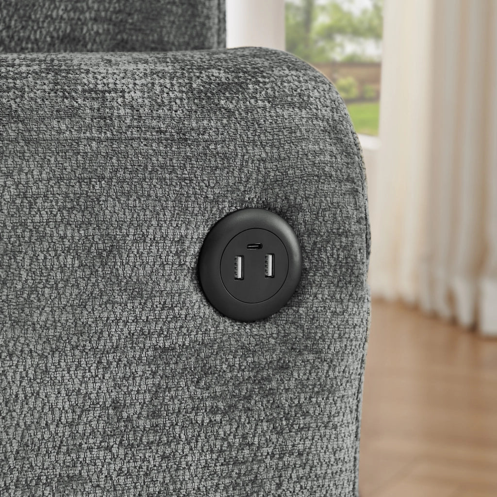 Divano relax 2 posti con tasca laterale; portabicchieri; USB e cuscini in chenille grigio