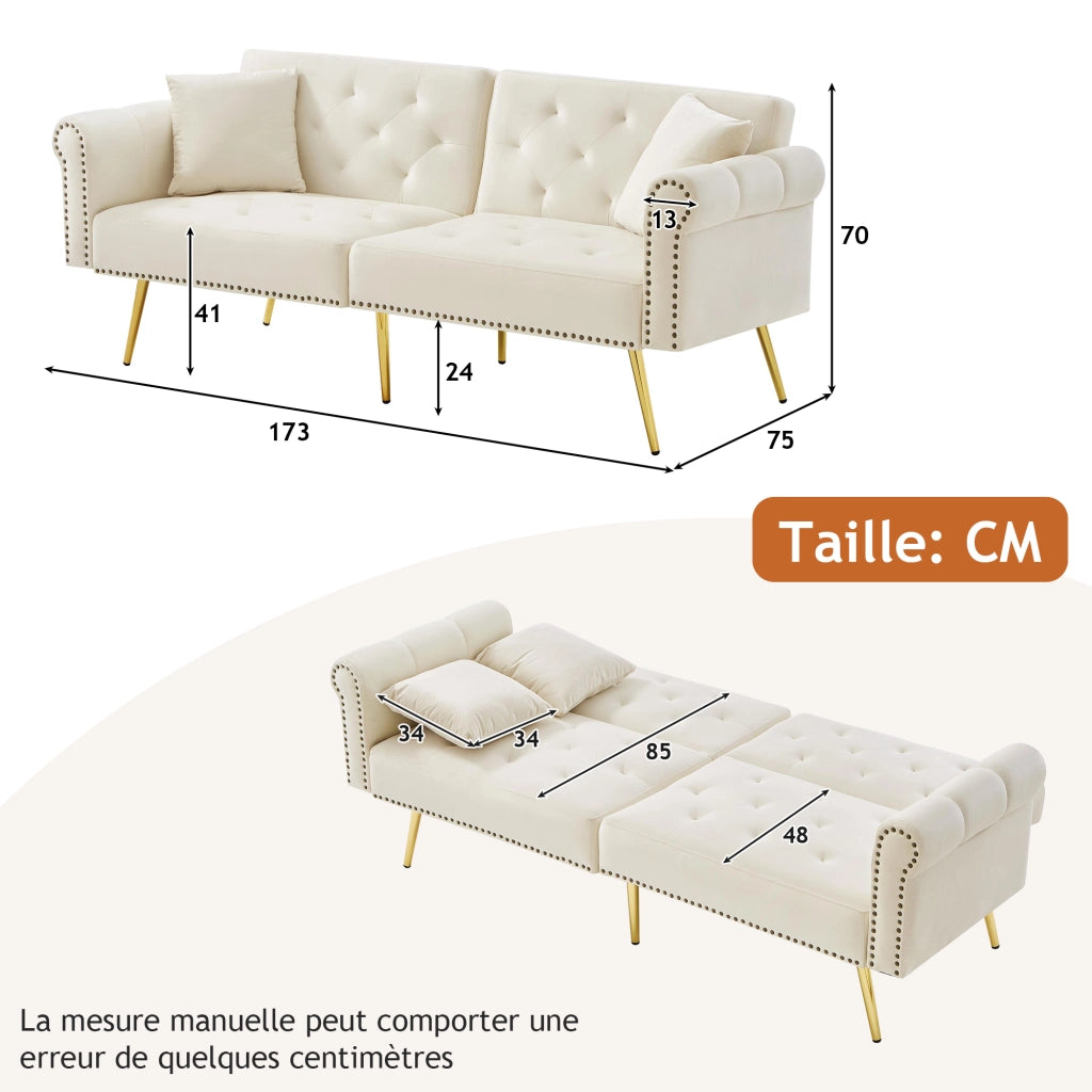 Divano Letto 2 Posti con Doppio Schienale Regolabile a 3 Posizioni; Velluto; Piedi in Metallo Dorato; Beige