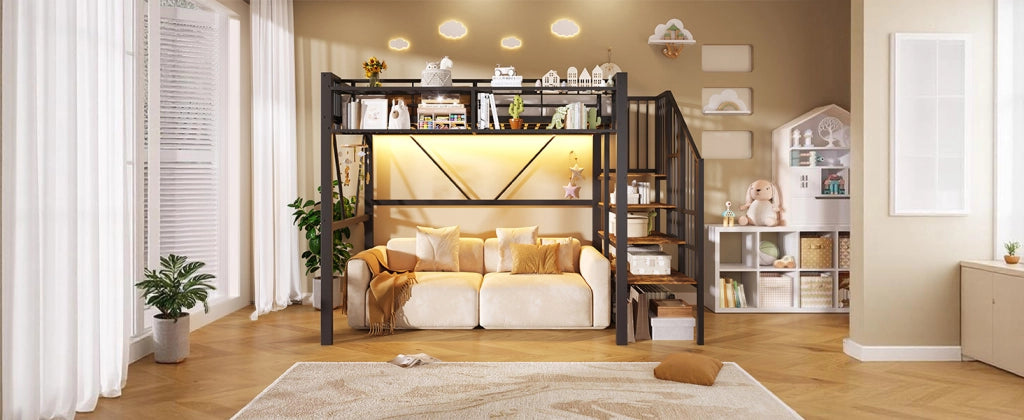 LETTO A CASTELLO 90x200 cm in metallo e MDF con LED, nero