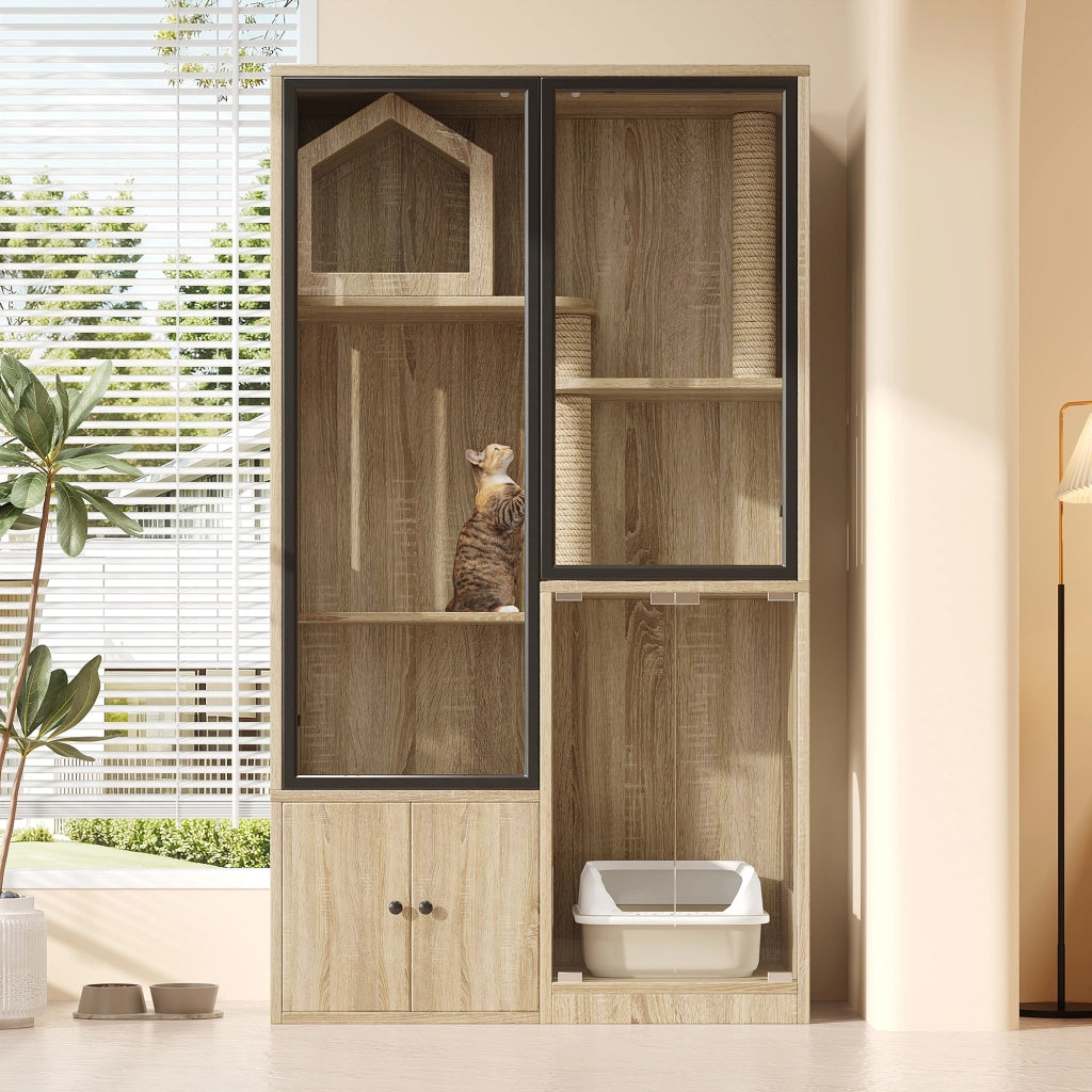 Recinto per gatti a 4 livelli in MDF e vetro temperato, 90 x 50 x 160 cm, colore naturale