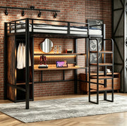 Letto a soppalco multifunzione 90x200 cm in metallo e MDF; nero; con scrivania; armadio e LED