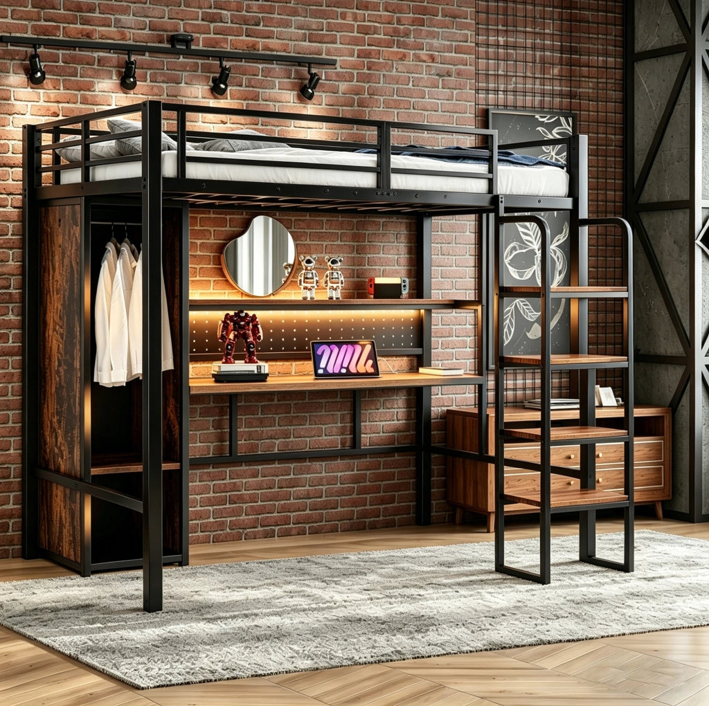 Letto a soppalco multifunzione 90x200 cm in metallo e MDF; nero; con scrivania; armadio e LED