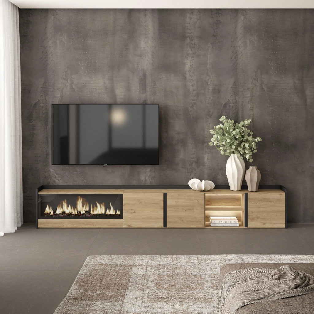 Mobile TV Soggiorno, 315x50x35 cm, Per TV fino a 80", Camino elettrico XXL, LED, Rovere e nero