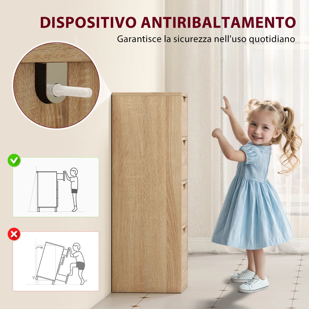 Mobile Bagno Salvaspazio con 4 Cassetti e Maniglie Intagliate ¨C Zephmum ¨C Legno Naturale 29x29x83 cm