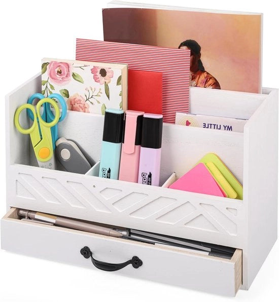 Organizzatore in legno per scrivania con cassetto - Accessori per ufficio e casa - Borsa per lettere - Contenitore per penne - Raccoglitore per documenti - Accessori per scrivania