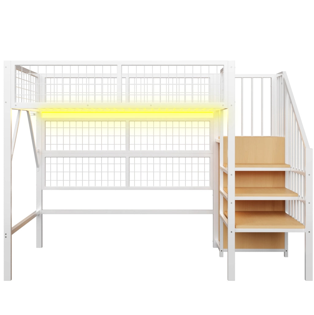 Letto a soppalco 90x200 cm in metallo con LED APP; scala con vano contenitore; bianco