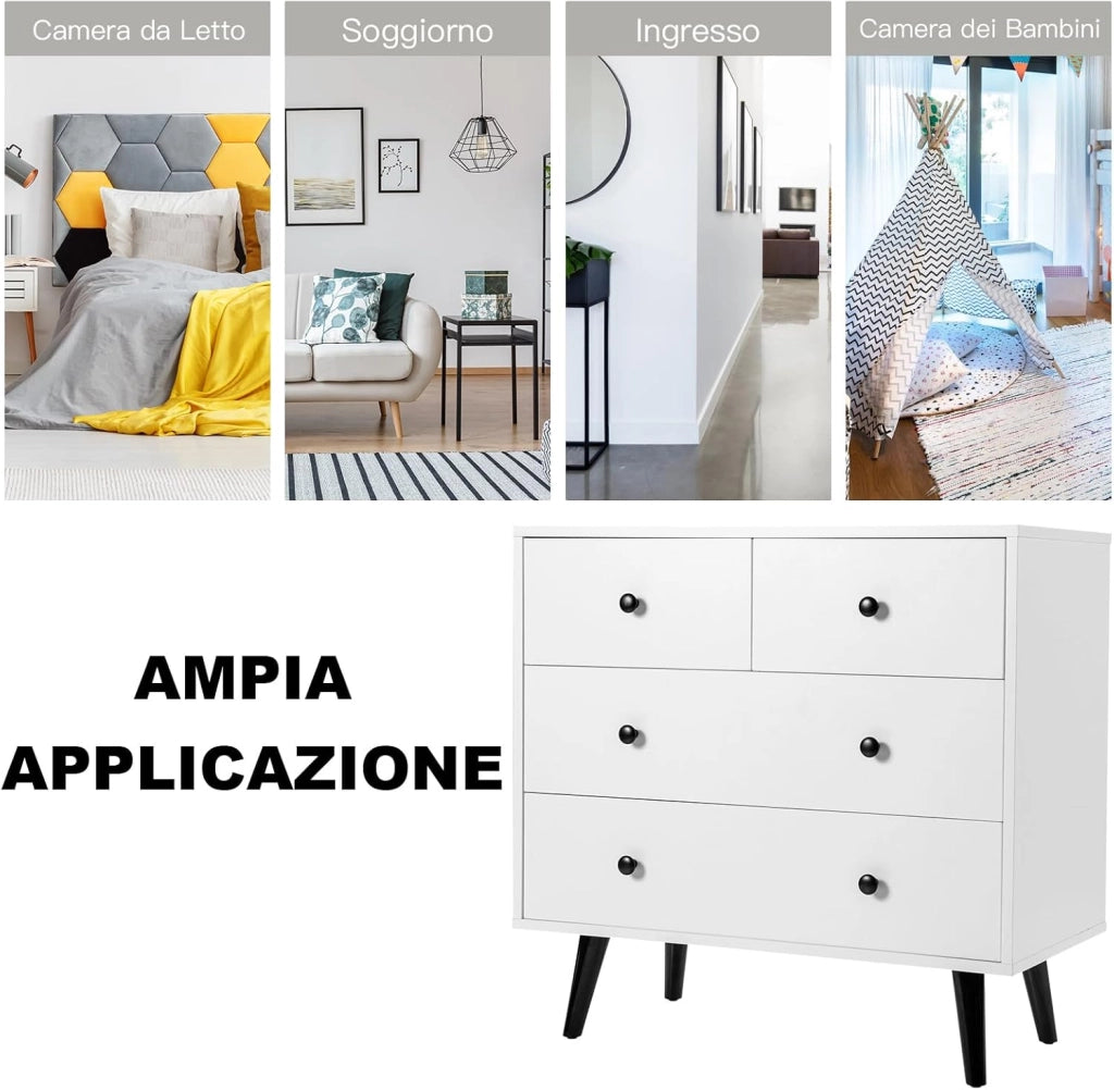 Cassettiera a 4 Cassetti, Cassettiera Moderna in Legno, per Soggiorno, Camera da Letto e Ingresso, 80 x 39,5 x 76 cm