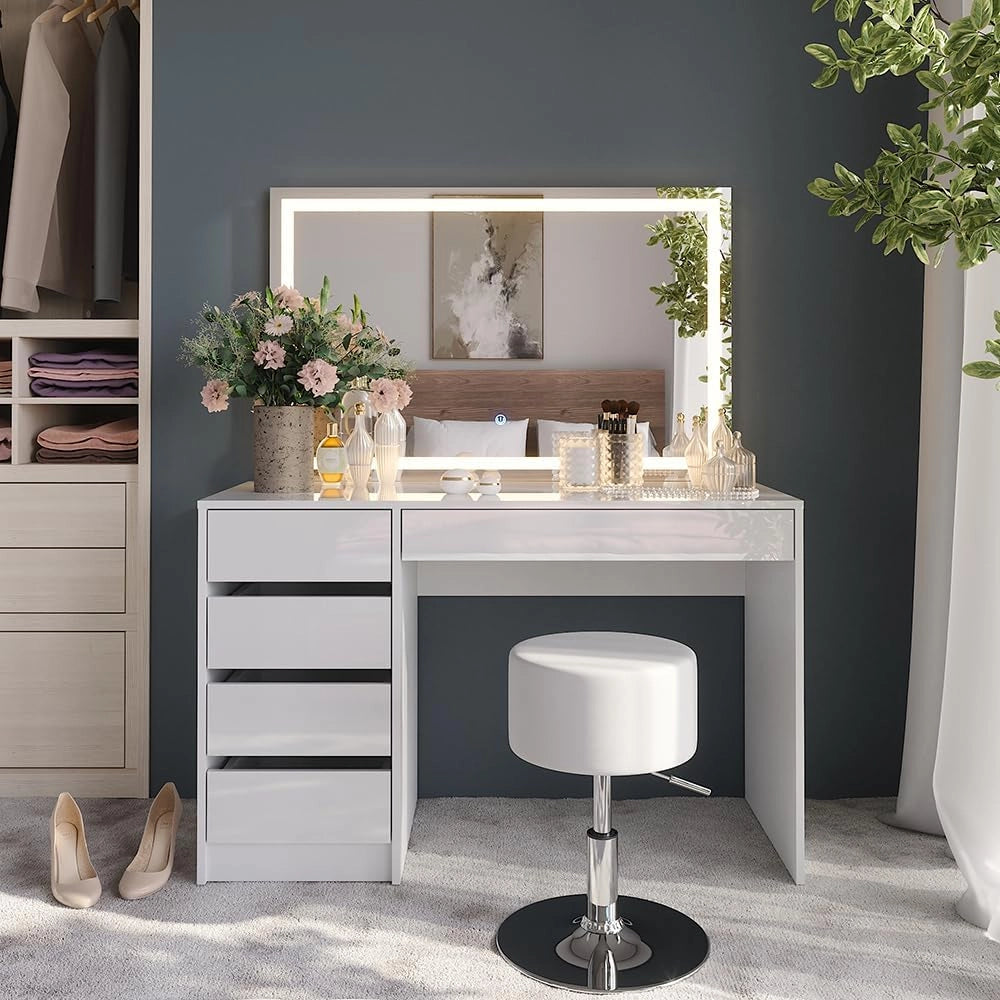Tavolo da toeletta Sherry, Bianco/bianco lucido, 119.8 cm con specchio LED e sgabello
