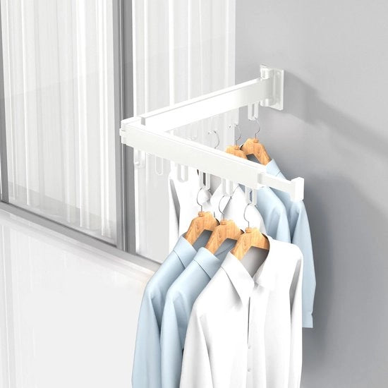Uitschuifbaar kledingrek, wandkleedrek con grucce, kledingrek spaziale per balcone, zona lavanderia, bagno, camera da letto (bianco, 2 ripiani pieghevoli)