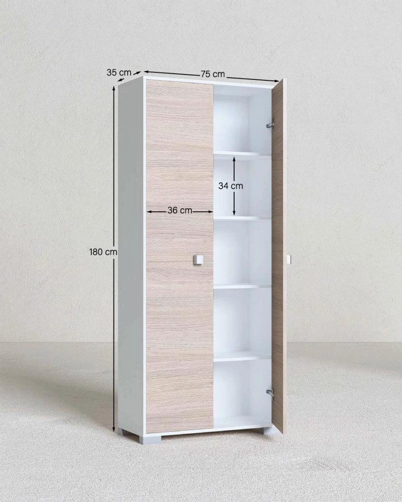 Armadio multiuso Clara 2 ante - Mobile contenitore dispensa salvaspazio - Ante in color olmo e struttura in bianco - 5 ripiani interni - 75x180x35 cm_