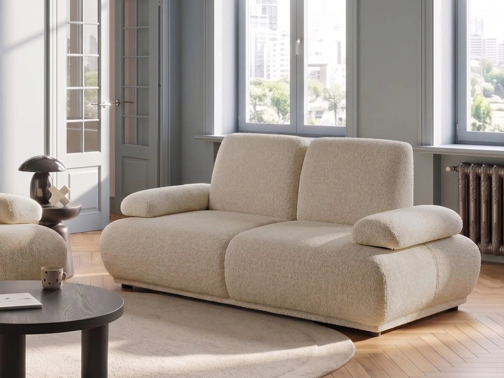 Divano a 2 posti beige con rivestimento in bouclé schienale e braccioli regolabili gambe in legno moderno per soggiorno