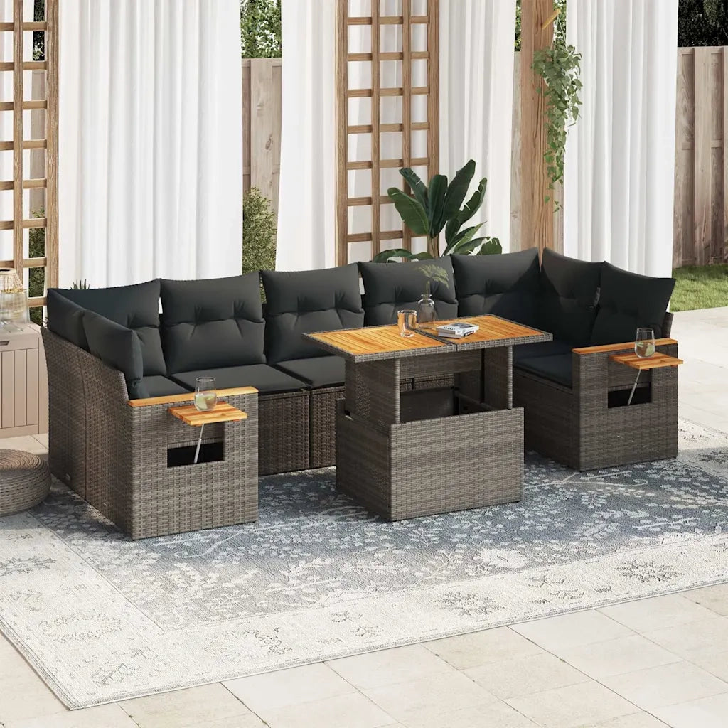 Set Divano da Giardino 8pz con Cuscini Grigio Polyrattan Acacia