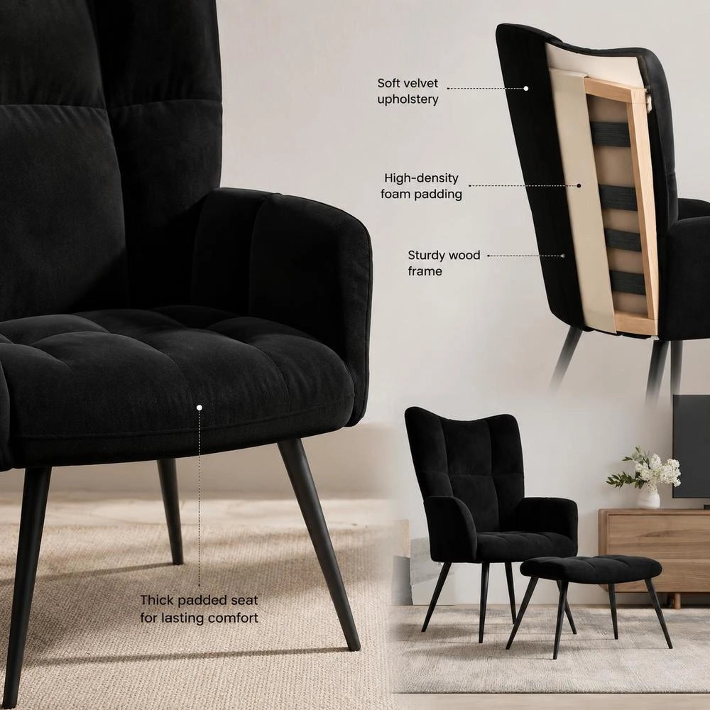 Reclining Armchair With Footstool, Black Velvet