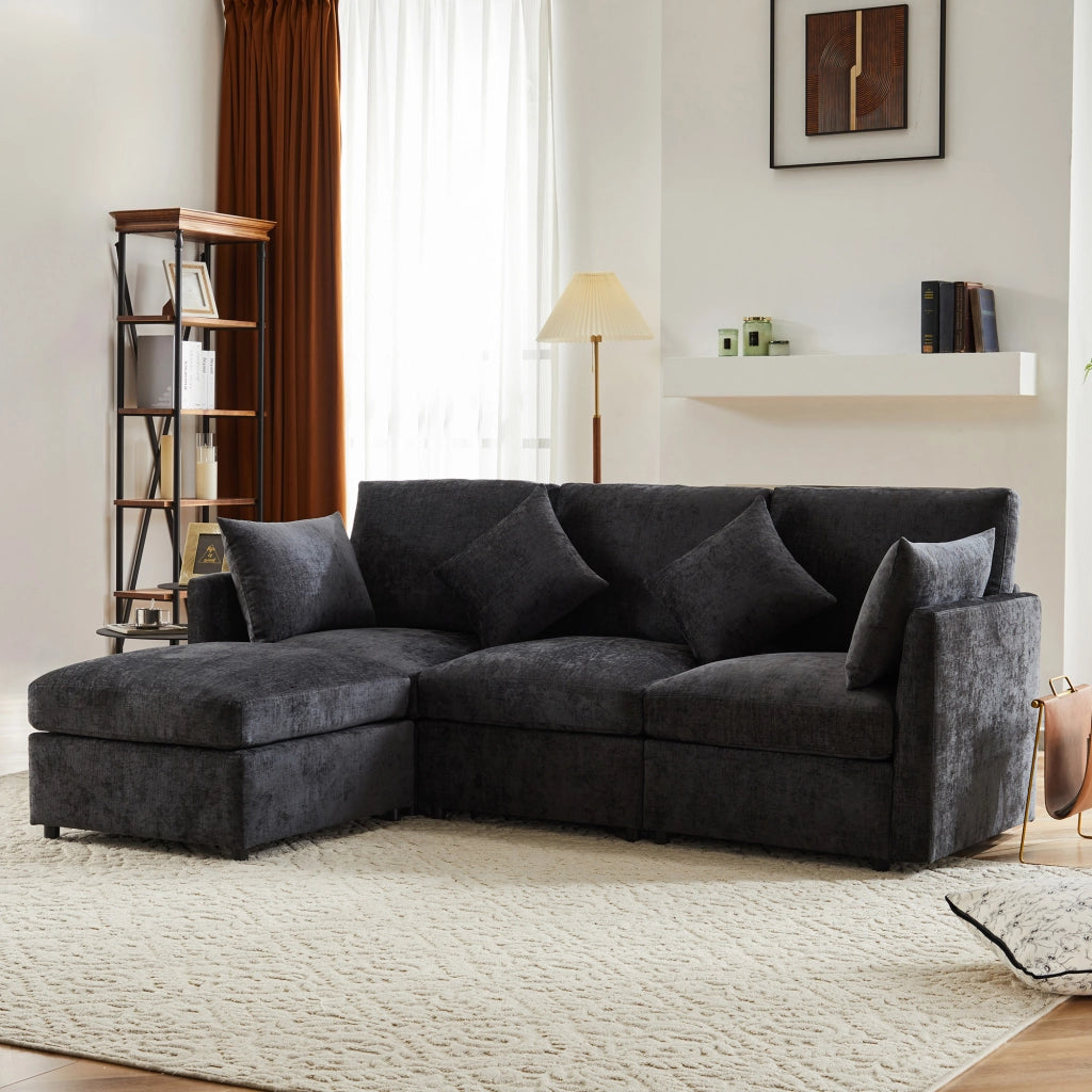 SOFA angolare modulare 216x161x81 cm in chenille grigio con pouf e 4 cuscini