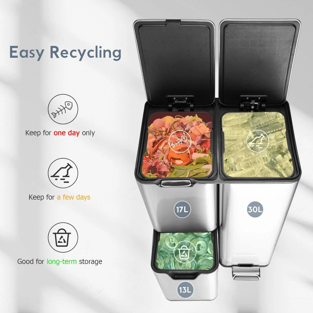 Pattumiera a 3 scomparti, sistema di raccolta differenziata da 60 l (30 + 17 + 13 L) con coperchio Softclose, pattumiera da cucina in acciaio inox, metallo, secchio interno rimovibile con