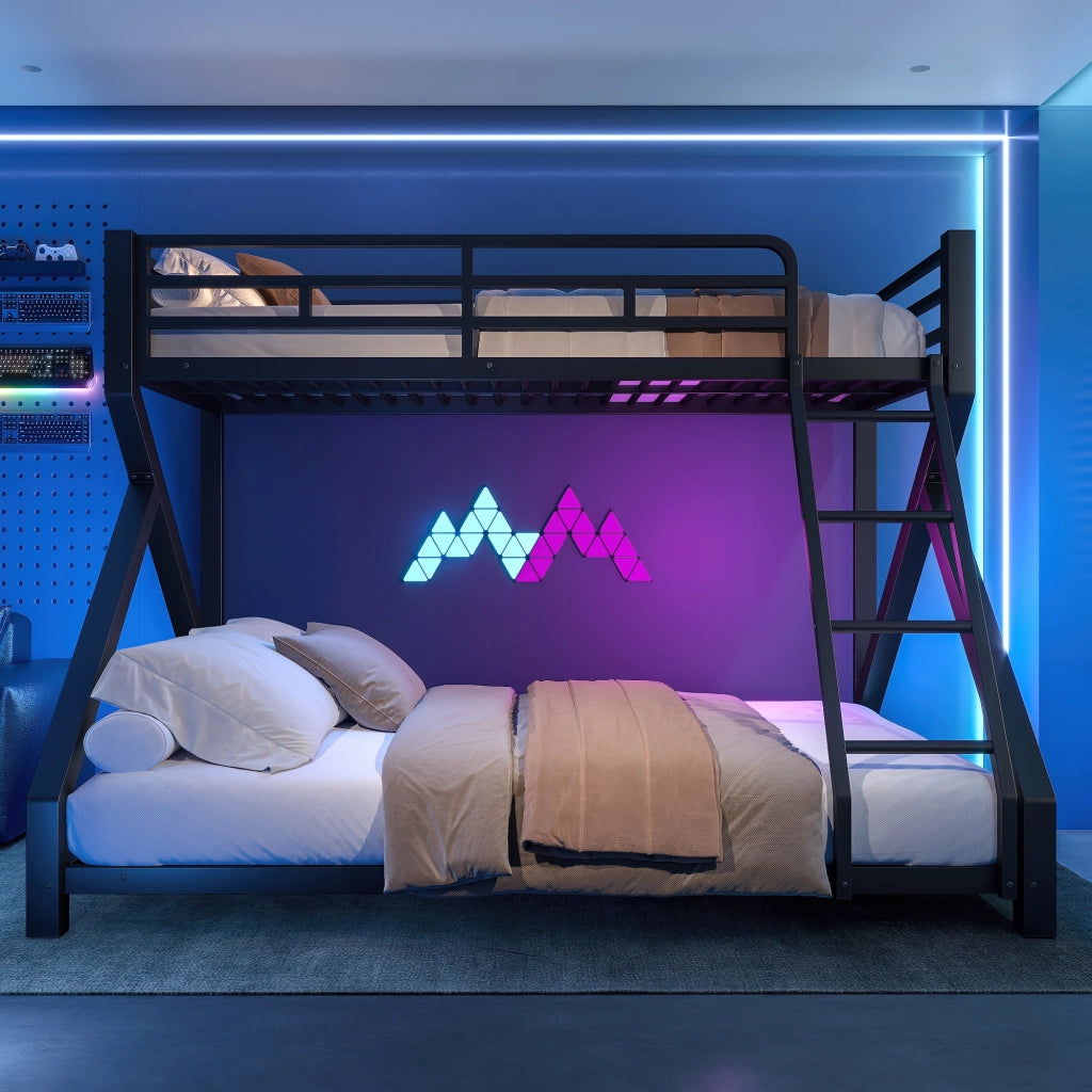 Letto a Castello 90x200 cm e 140x200 cm; LED e Scala - in Metallo - Nero