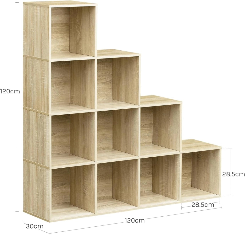 Scaffale per Libri, Scaffale per Scale Con 10 Cubi, Libreria in Legno Ingegnerizzato Rovere Chiaro, per Camera da Letto, Soggiorno, Studio, Ufficio, 120x30x120cm, SK062hei