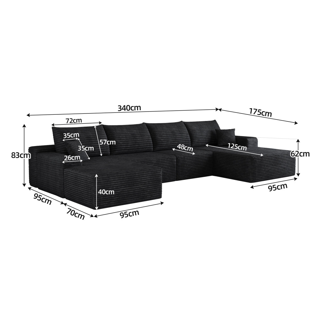 Divano modulare angolare - con chaise longue e seduta profonda - in tessuto a coste nero