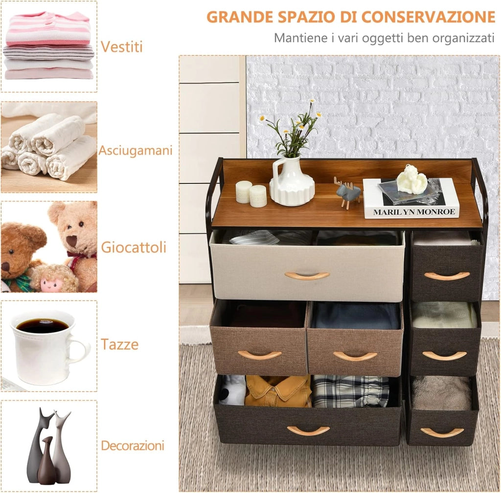 Cassettiera con 7 Cassetti, Organizer Moderno con Cassetti Pieghevoli in Tessuto, Struttura in Acciaio, Ideale per Camera da Letto, Soggiorno, Corridoio, 80 x 29 x 79 cm