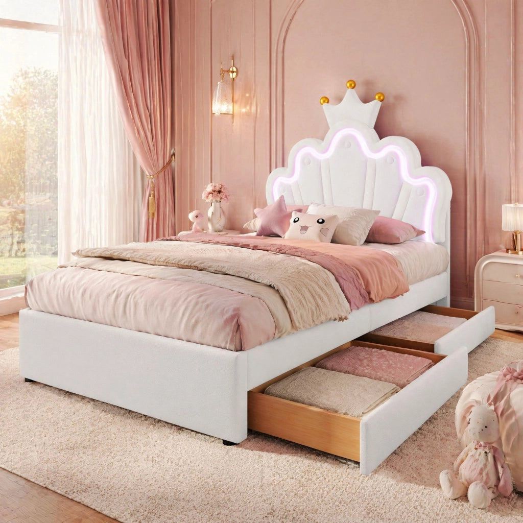 LETTO imbottito 90x200 cm PU bianco con testiera regolabile e 2 cassetti