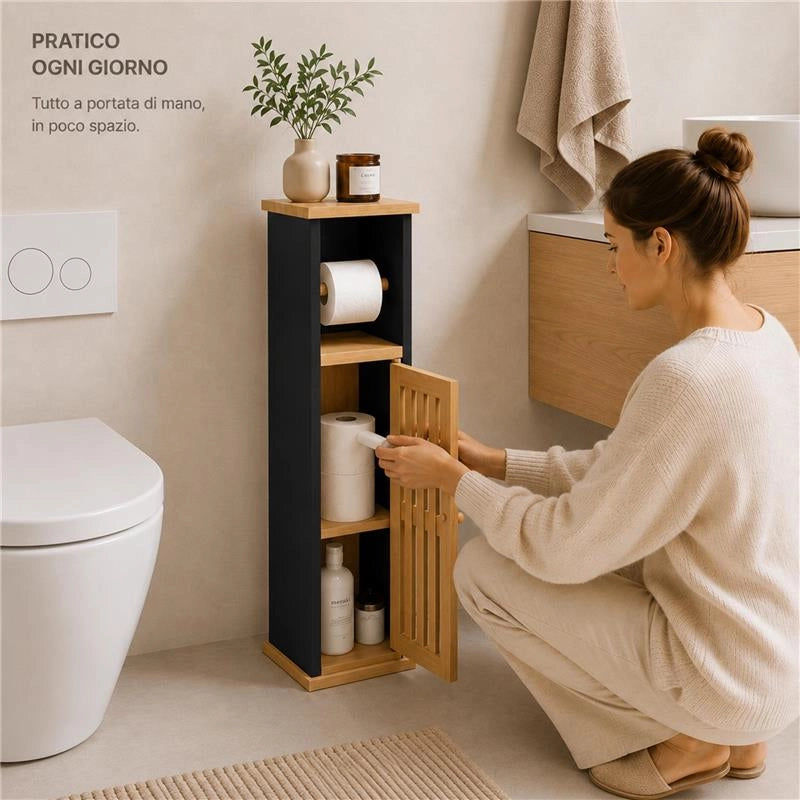 MOBILE PORTA CARTAIGENICA IN MDF NERO CON ANTA IN BAMBOO MISURE: 18X18X75 CM