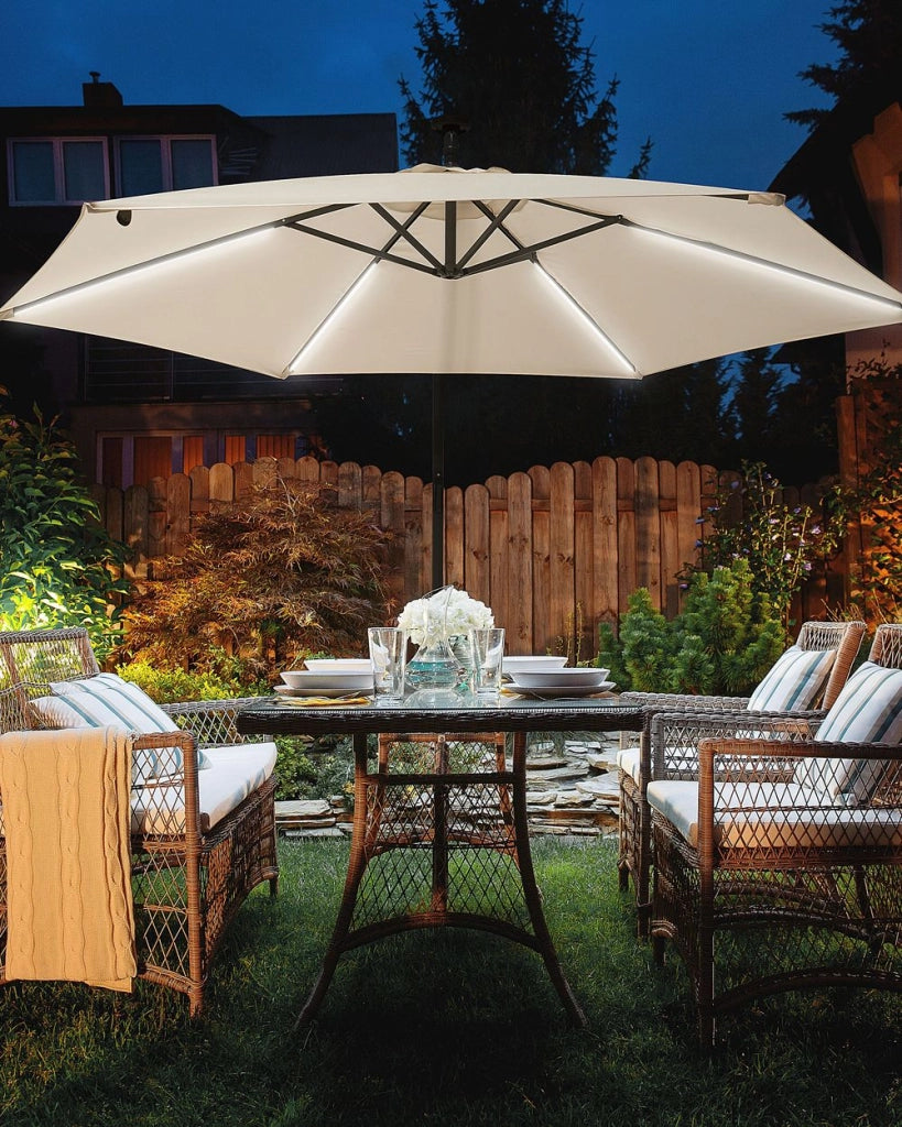 Ombrellone a sbalzo da giardino Parasole in poliestere beige con luce LED ø 285 cm Palo in alluminio Meccanismo a manovella da esterno