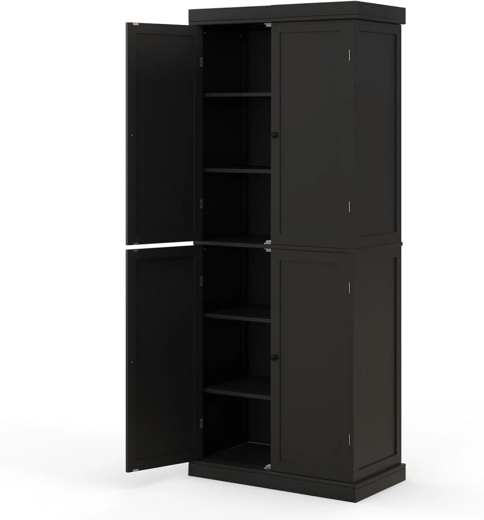 Armadietto Bianco con 4 Ante e 6 Ripiani Regolabili, Kit Anti-Ribaltamento, 76 x 40 x 184,5 cm, per Cucina, Camera da Letto, Soggiorno (Nero)