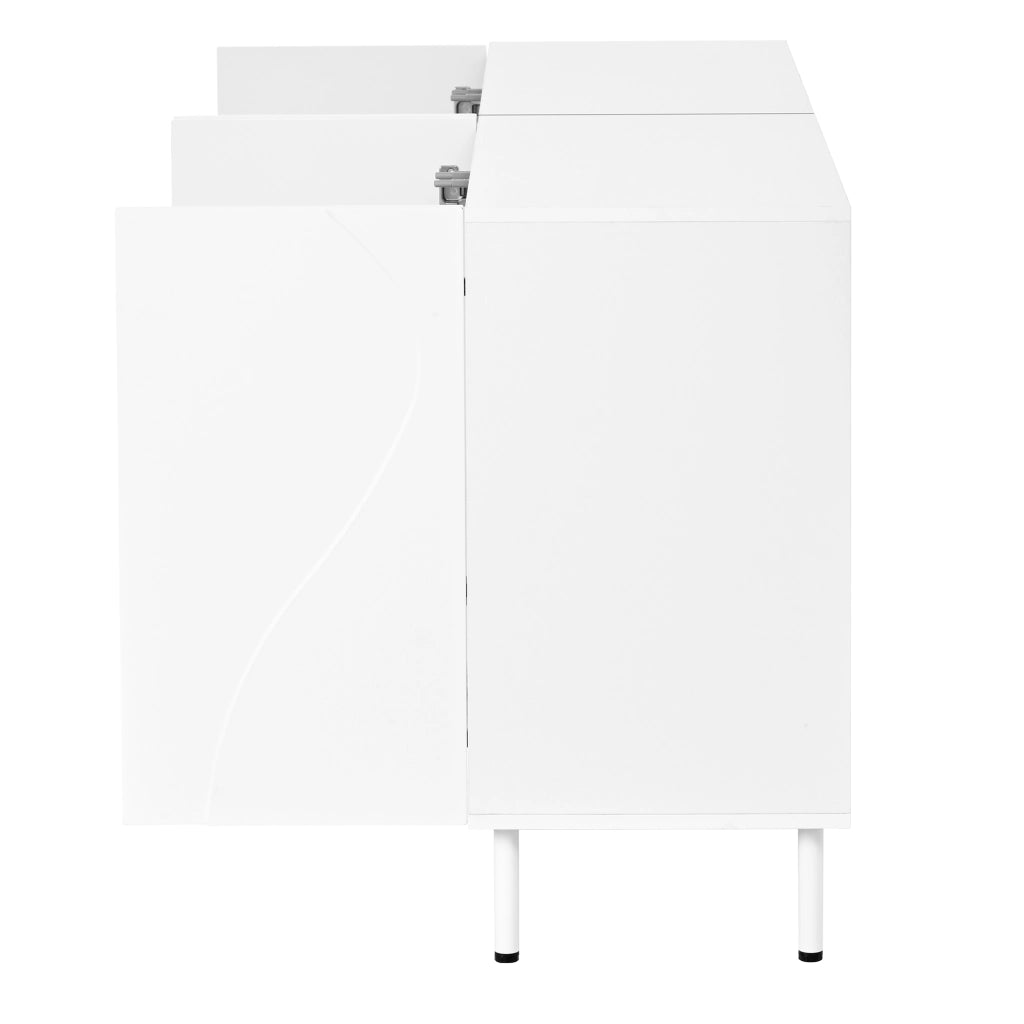 Credenza, mobile da ingresso, design aerodinamico, in truciolato e MDF, gambe in metallo, bianco