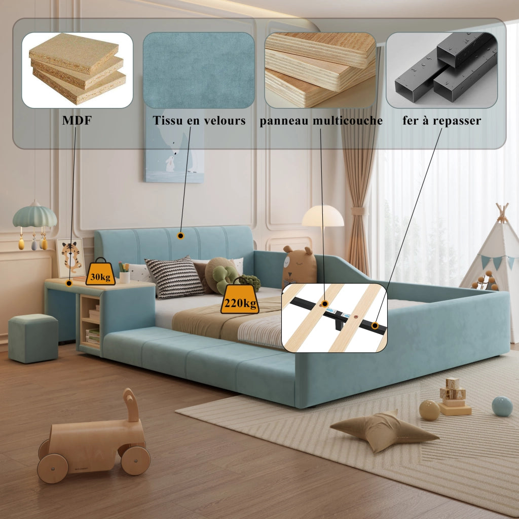 Letto con Sponda 140 x 200 cm; Letto Singolo - Scrivania Laterale; Ripiani e Sgabello