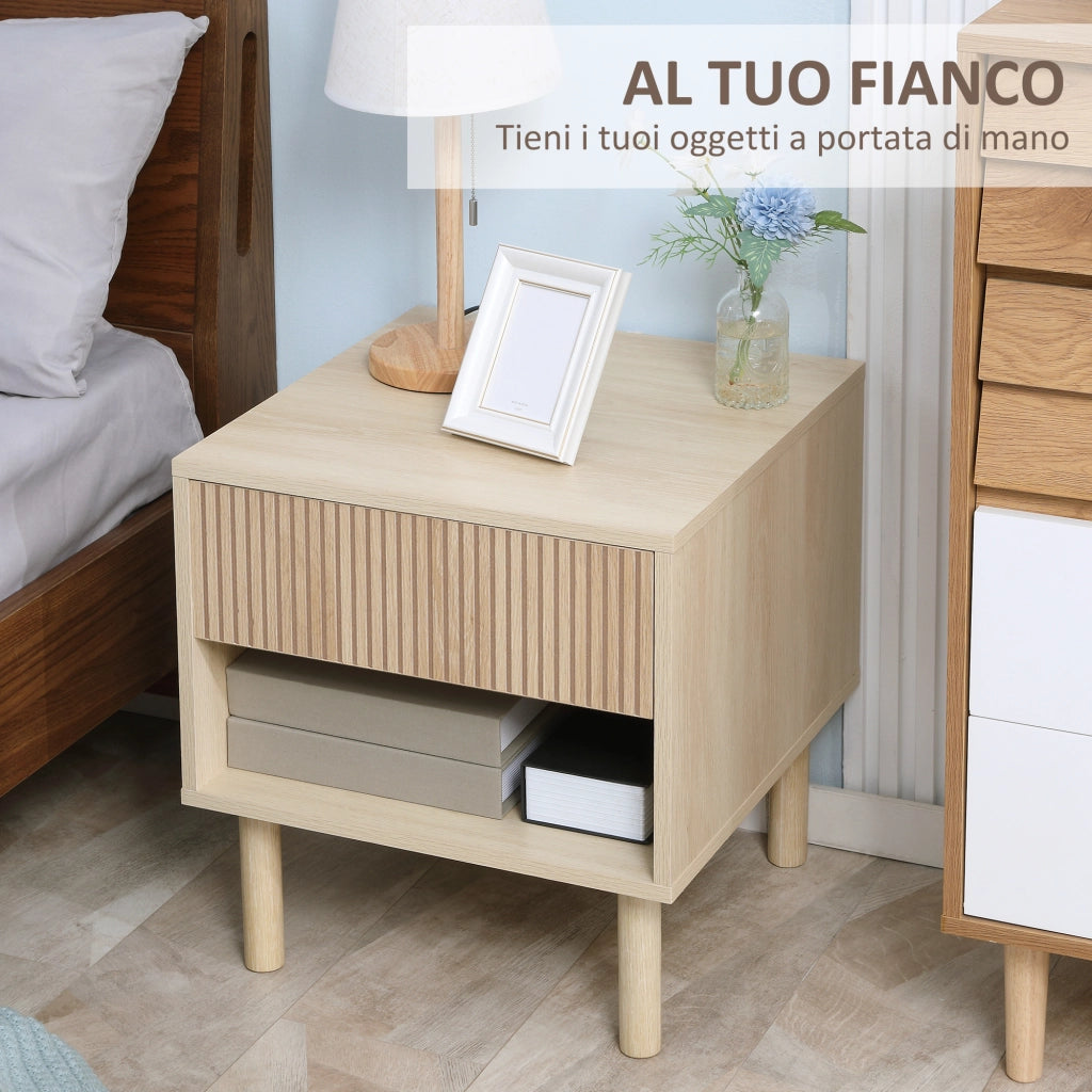 EasyComfort Comodino Moderno con Cassetto e Ripiano Aperto in Truciolato, 47x47x50 cm, Color Legno