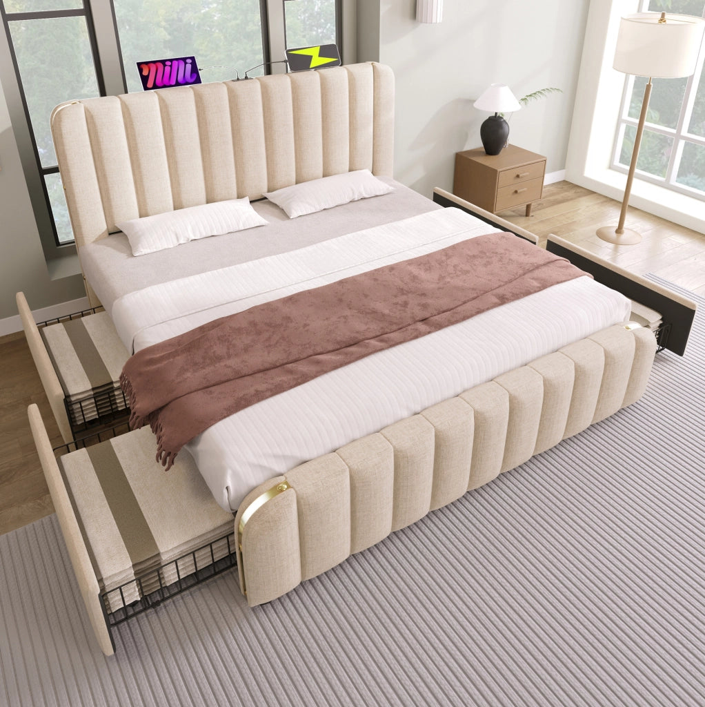 Letto matrimoniale imbottito ULEVR 180x200 cm con 4 cassetti, USB e Type-C, lino beige